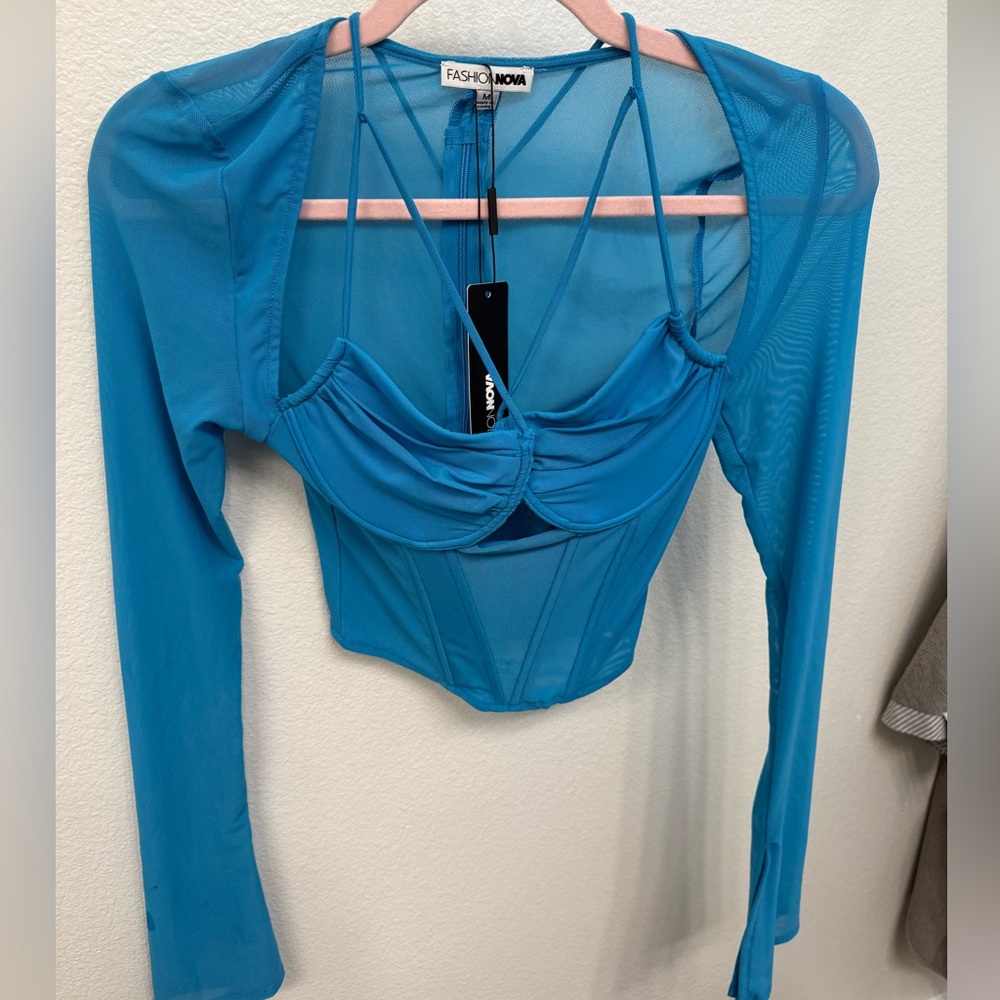 Fashion Nova Teal-Blue Mesh Corset Crop Top with Strappy Details